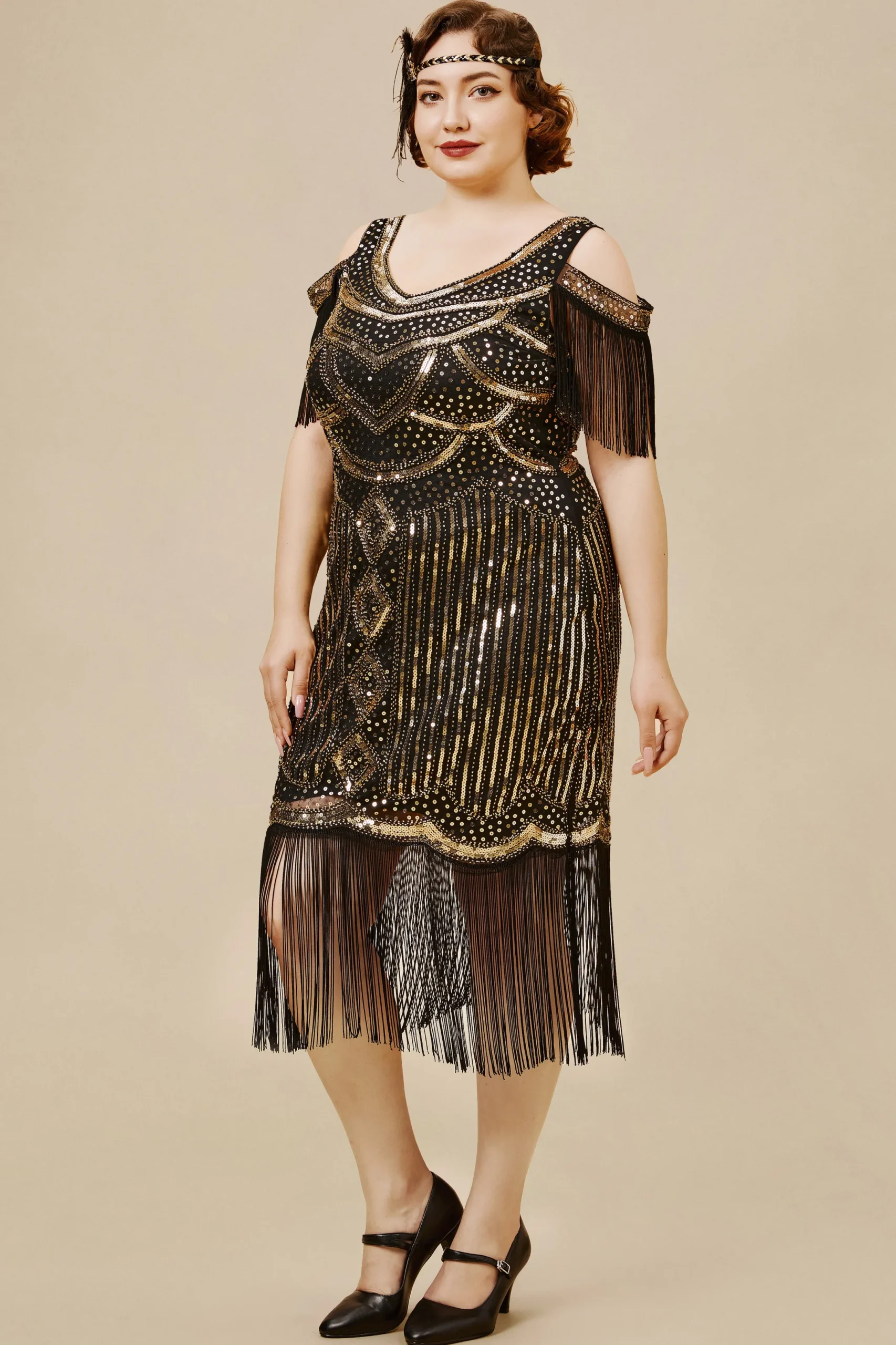 BABEYOND Plus Size<Beaded Off Shoulder Flapper Plus Size Dress