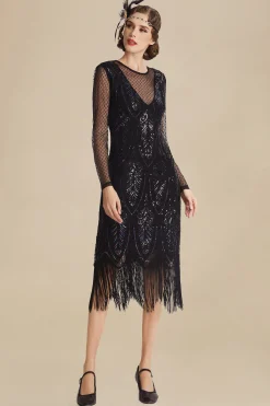BABEYOND Flapper Dresses | Fringe<Elegant Sheer Sleeve Sequin Fringe Flapper Dress