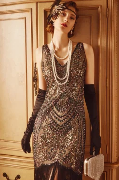 BABEYOND Flapper Dresses | Fringe<Iridescent Beaded V-Neck Prom Dress