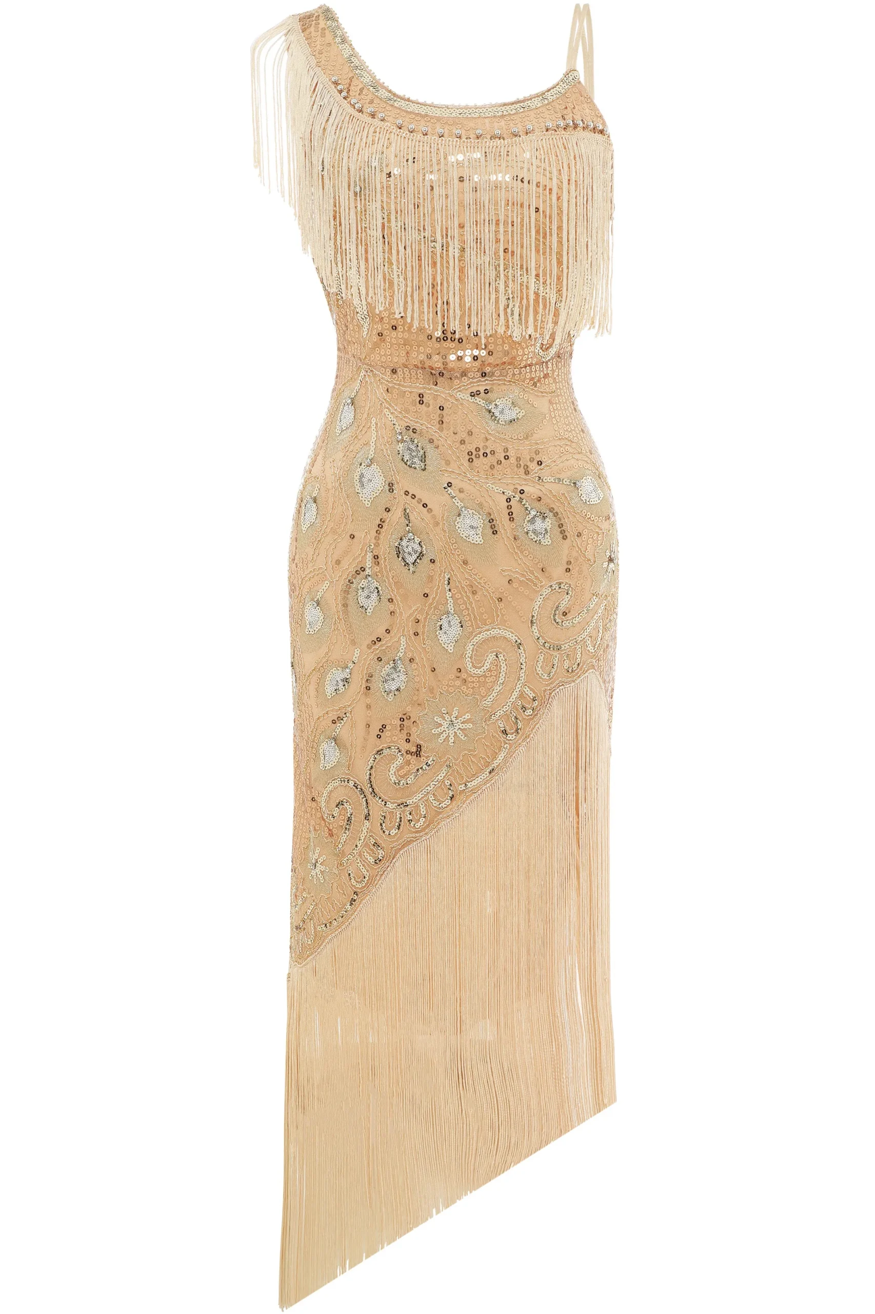 BABEYOND Flapper Dresses | Fringe<One Shoulder Strap Fringe Midi Dress