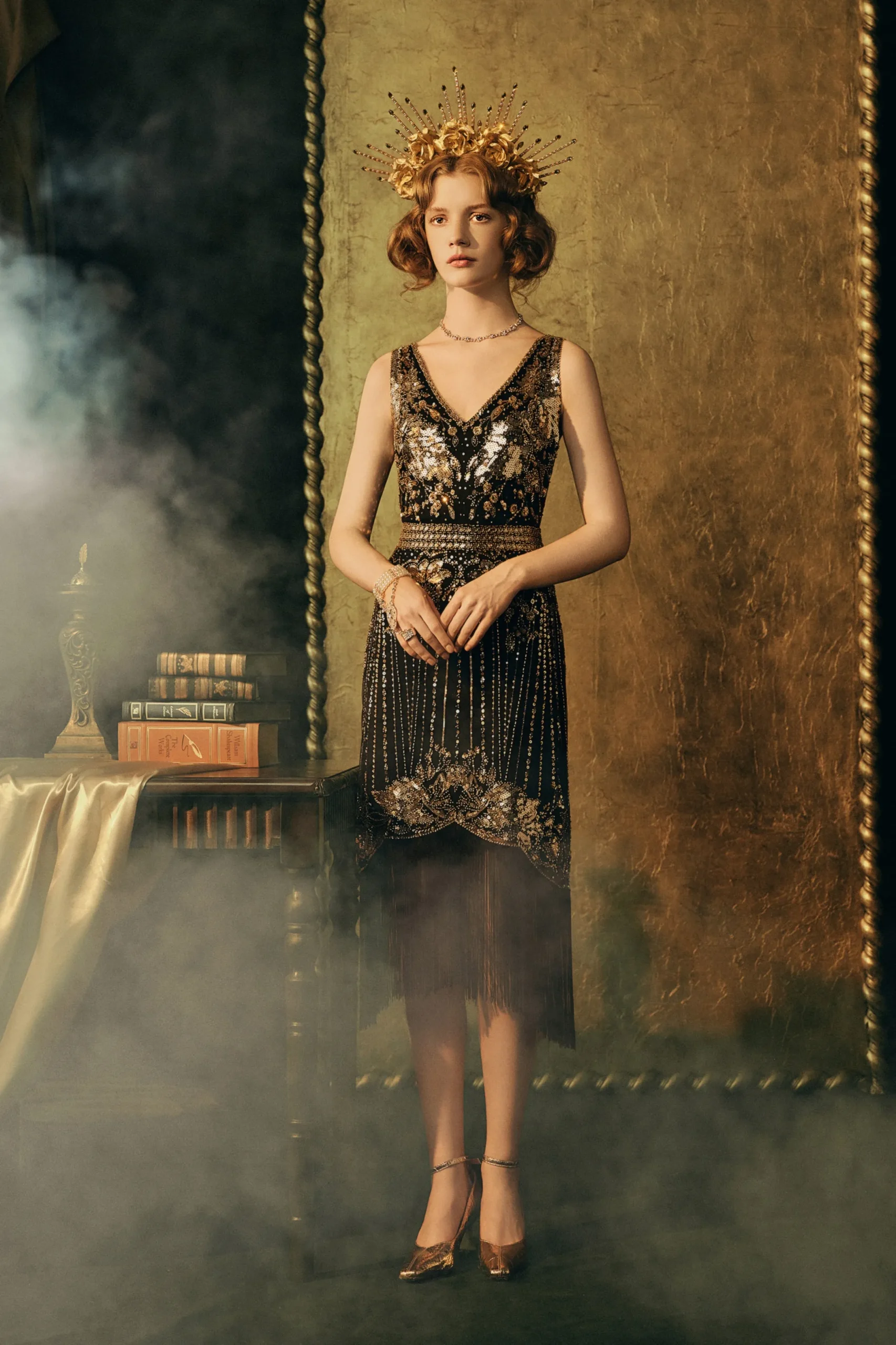 BABEYOND Flapper Dresses | Plus Size<Opulent Floral Beaded Fringe Flapper Dress