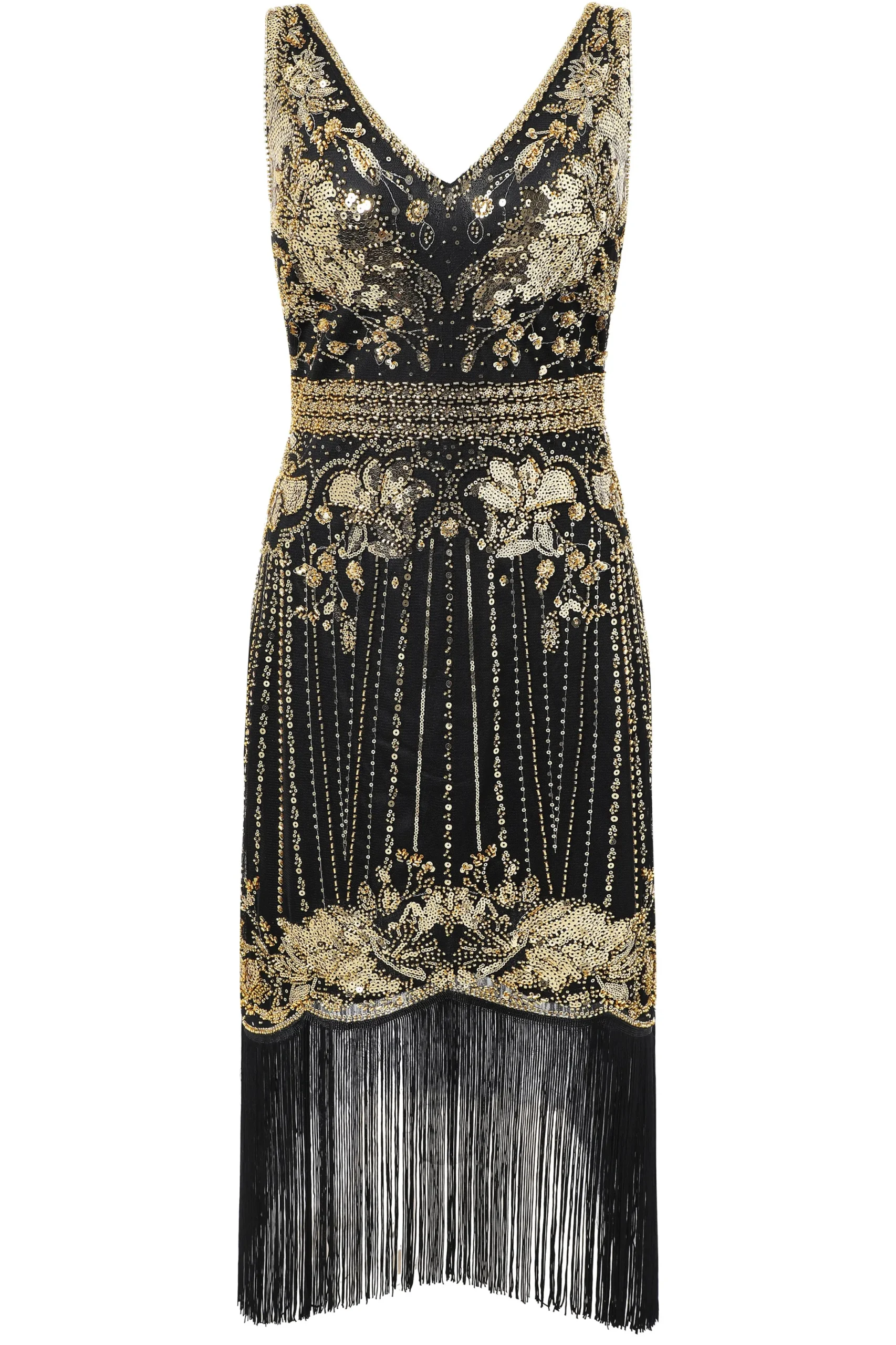 BABEYOND Flapper Dresses | Plus Size<Opulent Floral Beaded Fringe Flapper Dress
