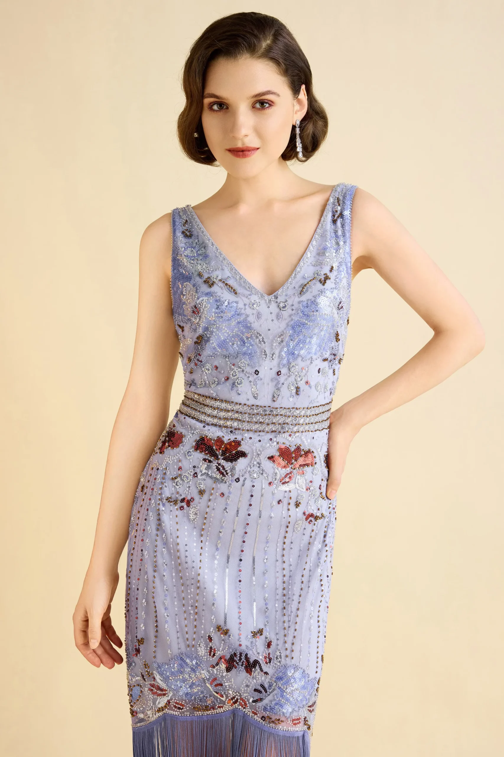 BABEYOND Flapper Dresses | Plus Size<Opulent Floral Beaded Fringe Flapper Dress