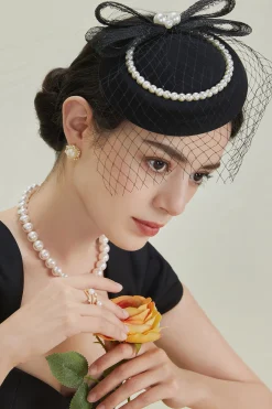 BABEYOND Fascinators<Pearl Studded Veil Feather Pillbox Fascinator