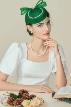 BABEYOND Fascinators<Pearl Studded Veil Feather Pillbox Fascinator