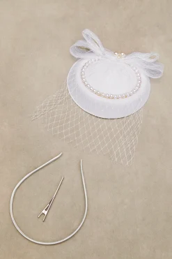 BABEYOND Fascinators<Pearl Studded Veil Feather Pillbox Fascinator