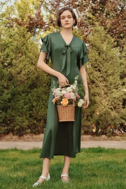 BABEYOND Flapper Dresses | Day Dresses<Retro Tie Neck Midi Ruffle Dress