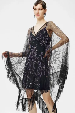 BABEYOND Shawls & Scarves | Vintage<1920s Beaded Fringe Floral Shawl