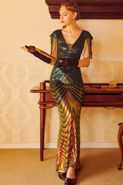 BABEYOND Bead | Ceremony<Sheer Scoop Neck Iridescent Sequin Dress