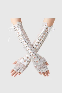 BABEYOND Gloves<14.56" Vintage Lace Up Fingerless Gloves